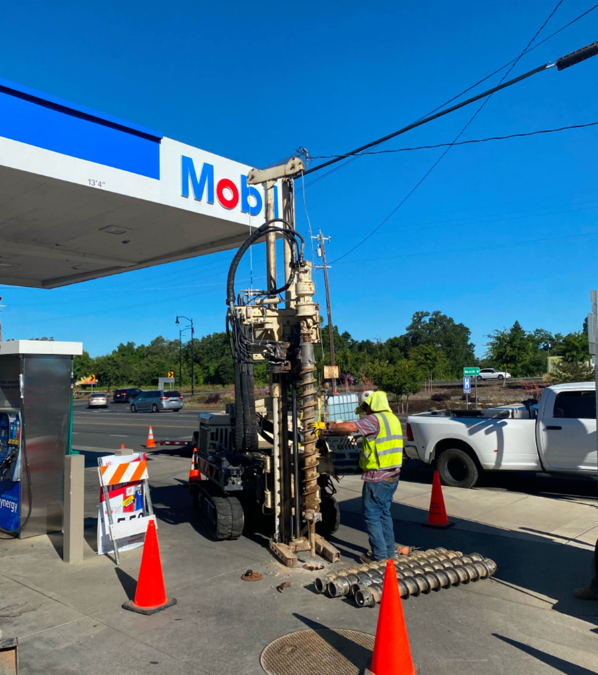 Drilling rig at a Mobil gas station.